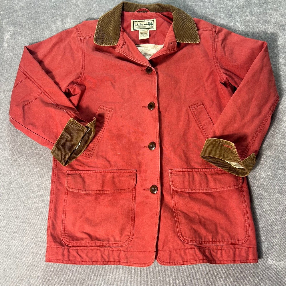 LL Bean Womens Field Coat Medium Red Canvas Corduroy Trim Chore Jacket